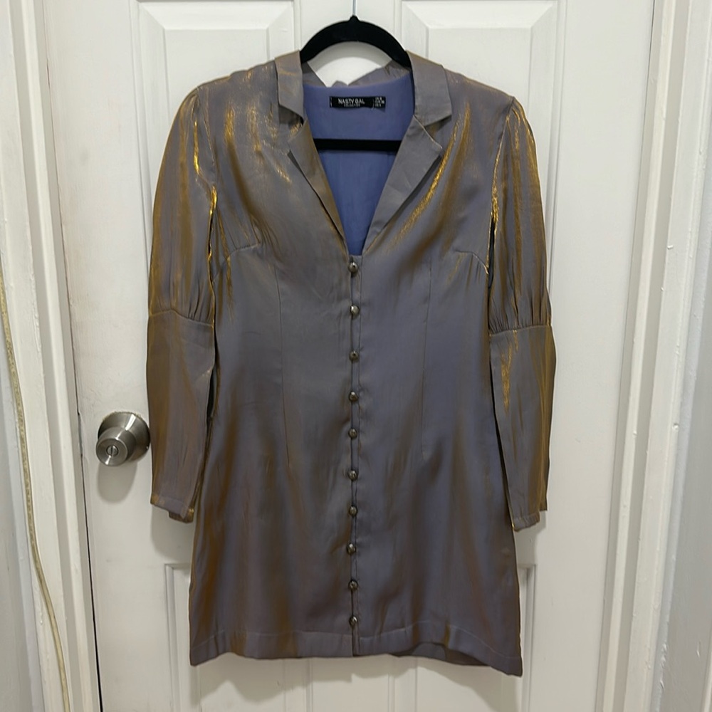 Madison Metallic Gray Button-Front Mini Dress